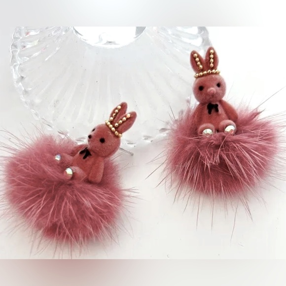 Dark Salmon Flock, Faux Fur & Crystal Bunny Rabbit Stud Dangle Earrings - Picture 1 of 3